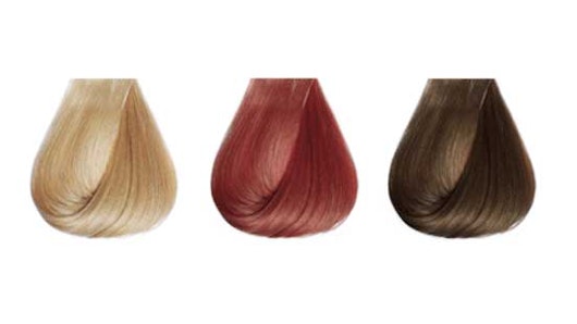 Hair dye samples in blonde, red and brunette shades.