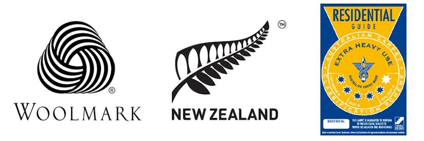 Woolmark, Fernmark and Australian Carpet Classification Scheme logos.