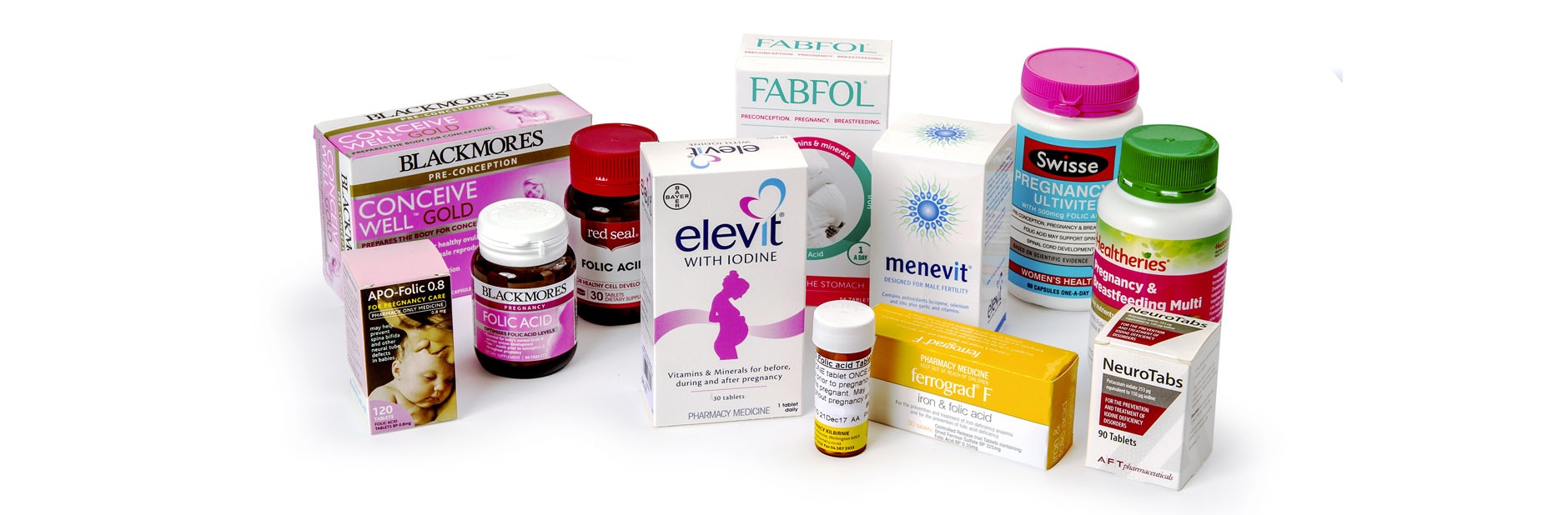 Bottles and boxes of pregnancy vitamins