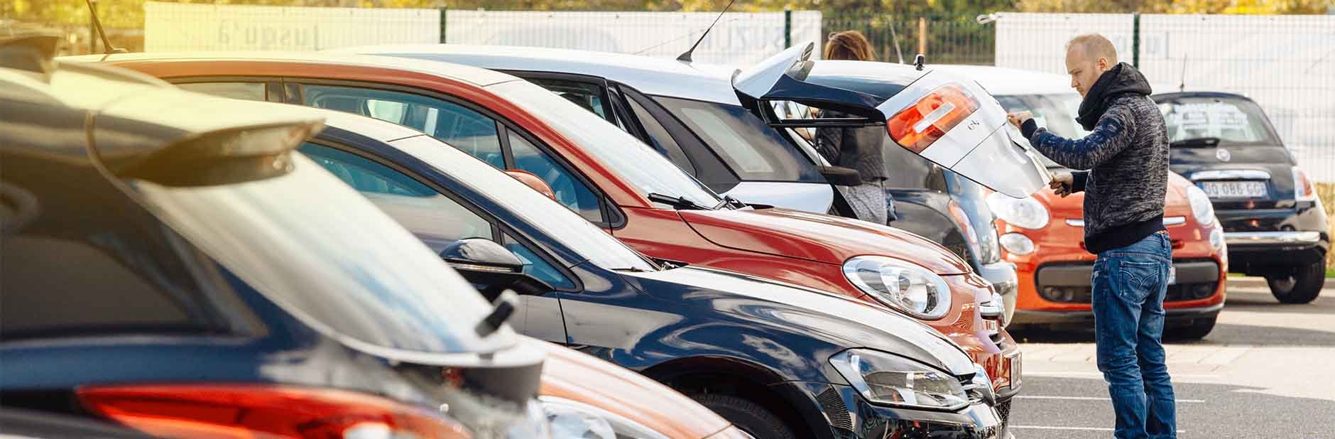 Man looking at cars at dealership.