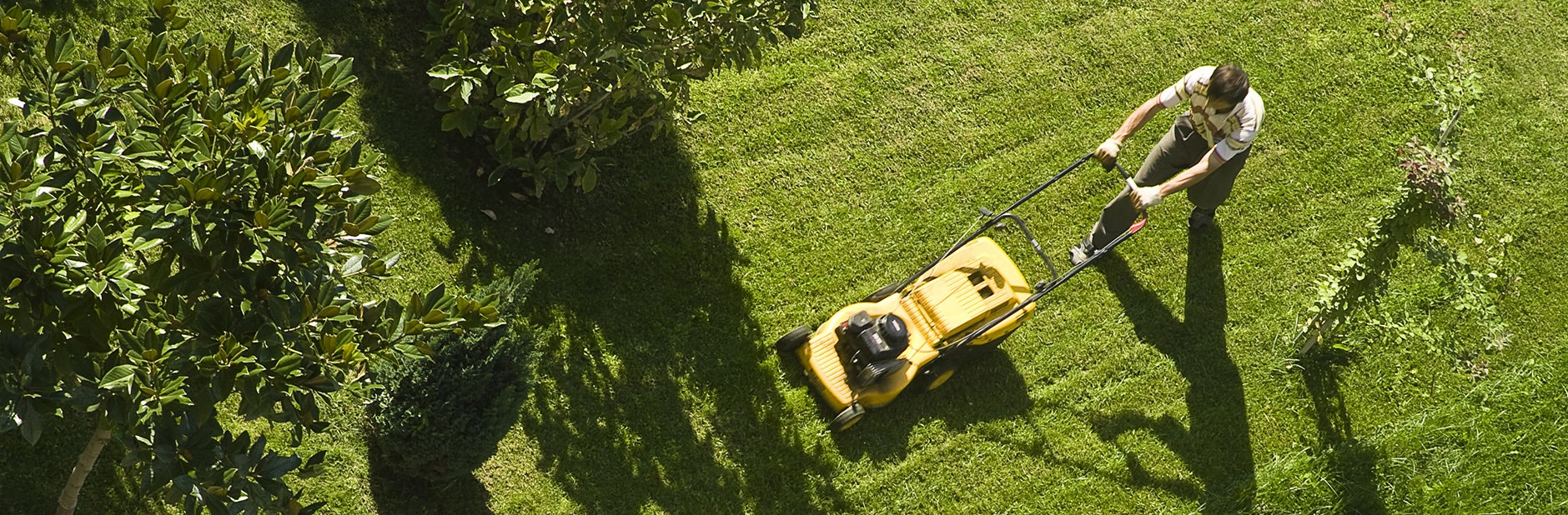 Aerial view of man with yellow lawnmower.