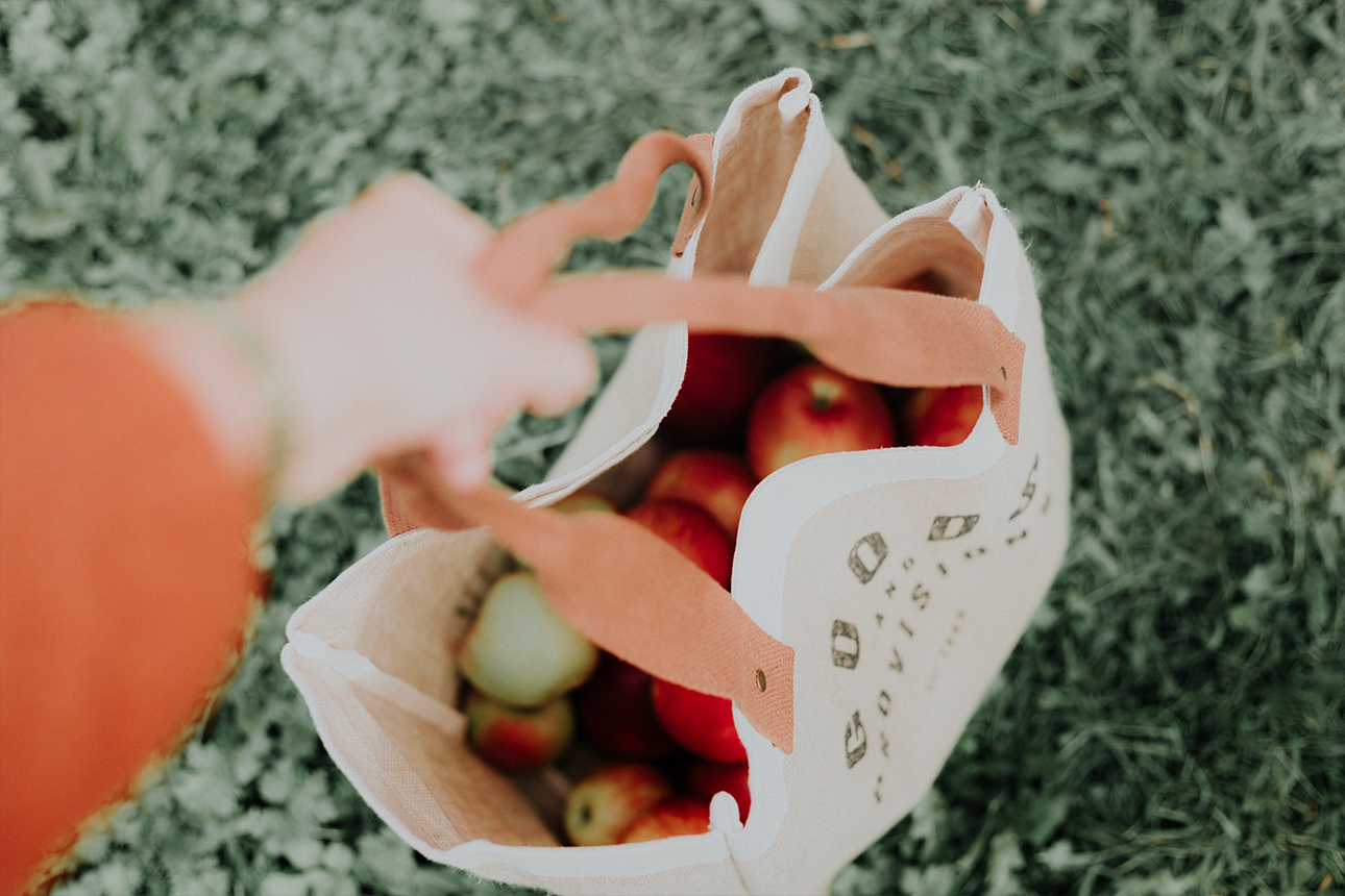 Person holding supermarket reusable bag with groceries in it.