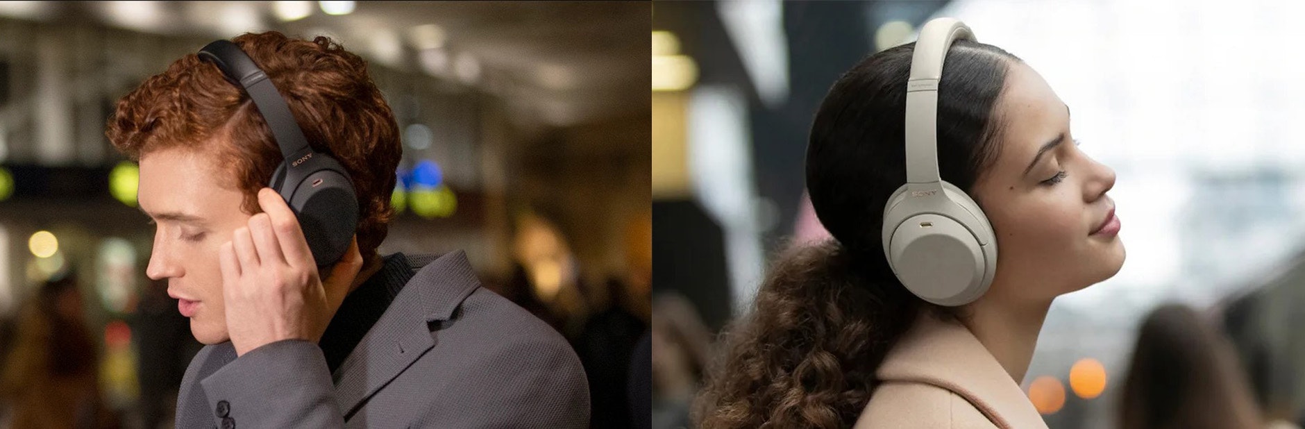 Two people wearing Sony WH-1000XM4 headphones.