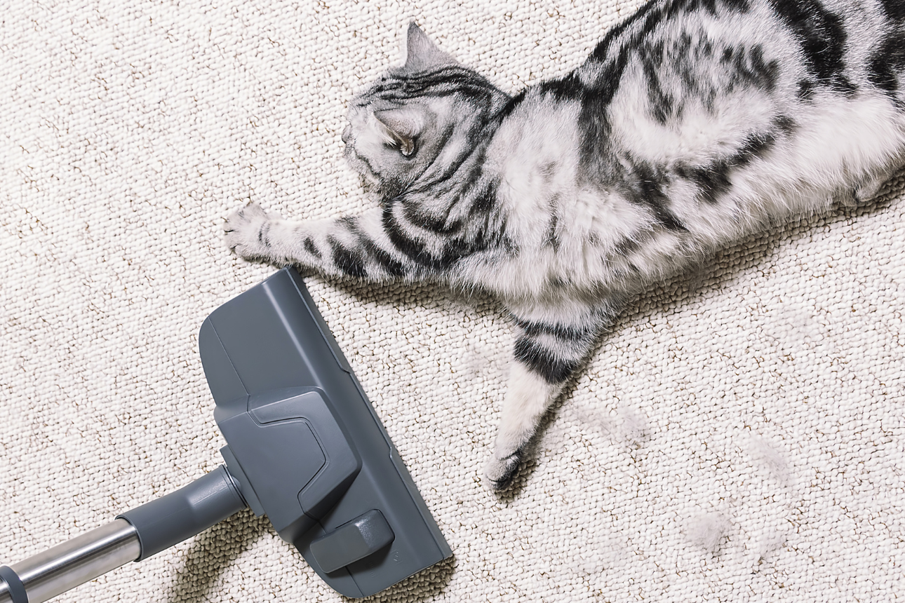Image of a cat next to a vacuum