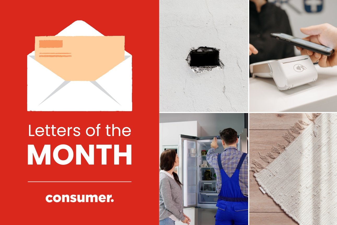 Image of a carpet, fridge and hole in the wall