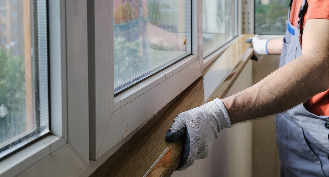 Worker installing a window sill on a polyurethane foam.