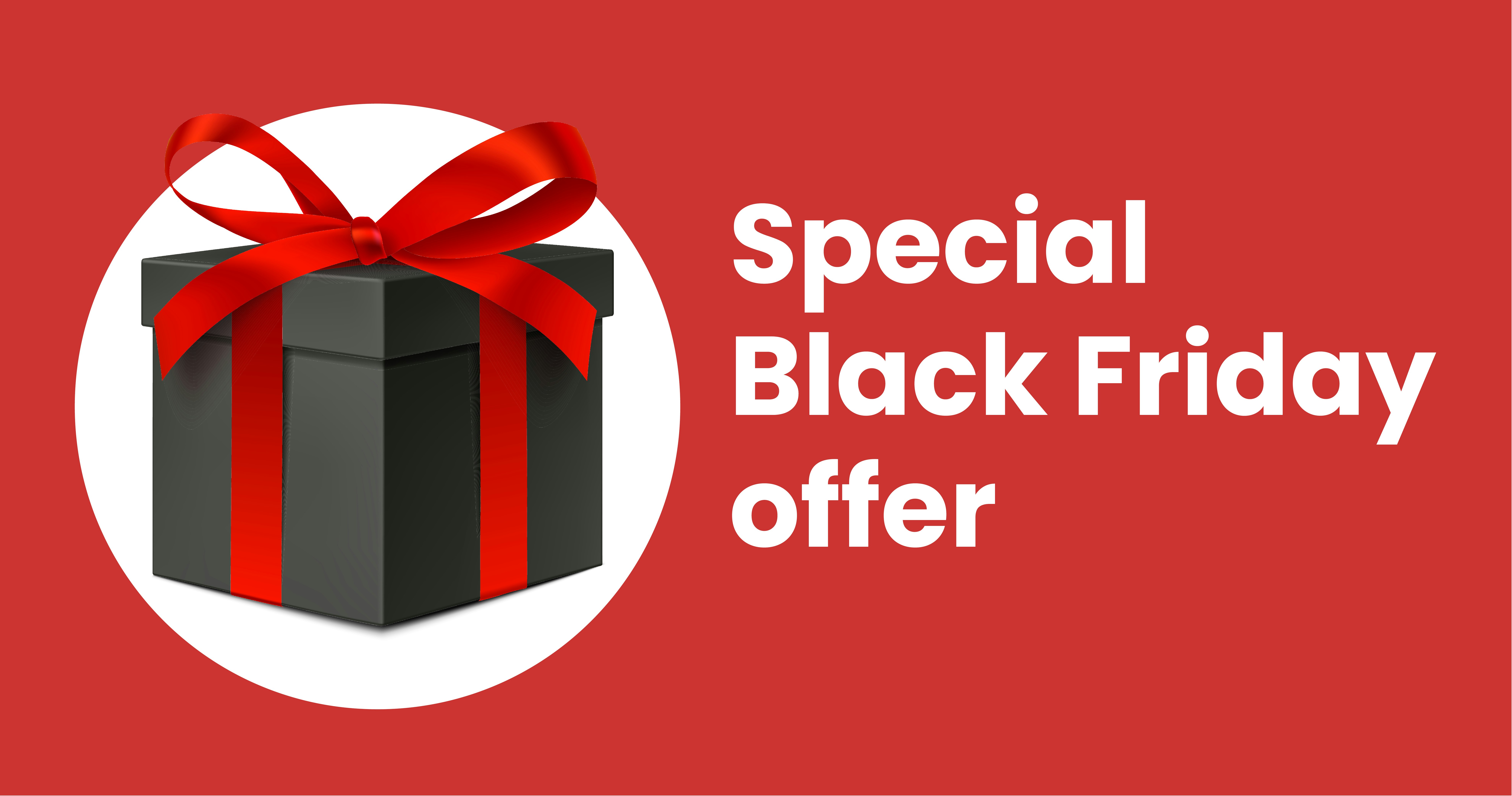 Black gift box with red ribbon, text reads 'Special Black Friday offer'.
