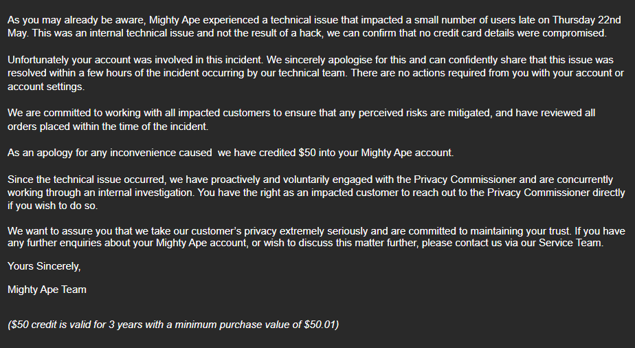 Screenshot of Mighty Ape's statement.