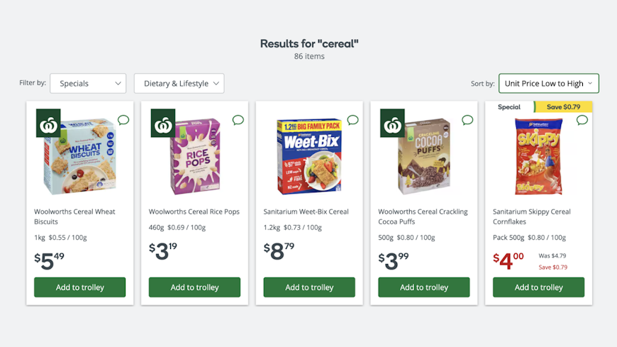 Sort by unit pricing