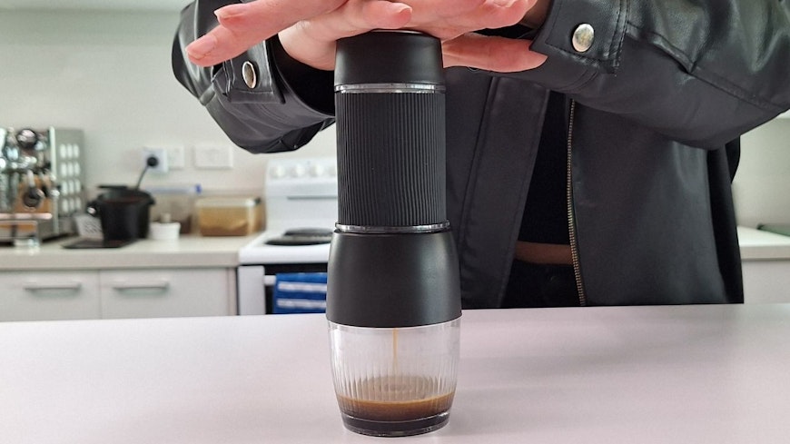 Brewing coffee in the Anko Manual Espresso.