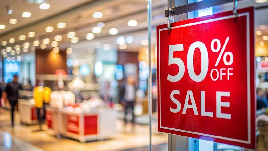 a bright red sign outside a retail store claims 50% off