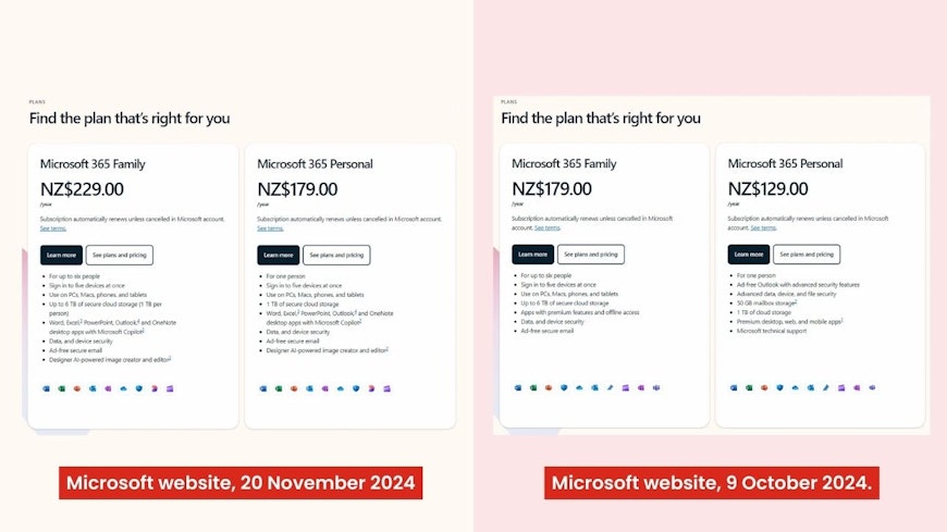 Screenshot of Microsoft prices