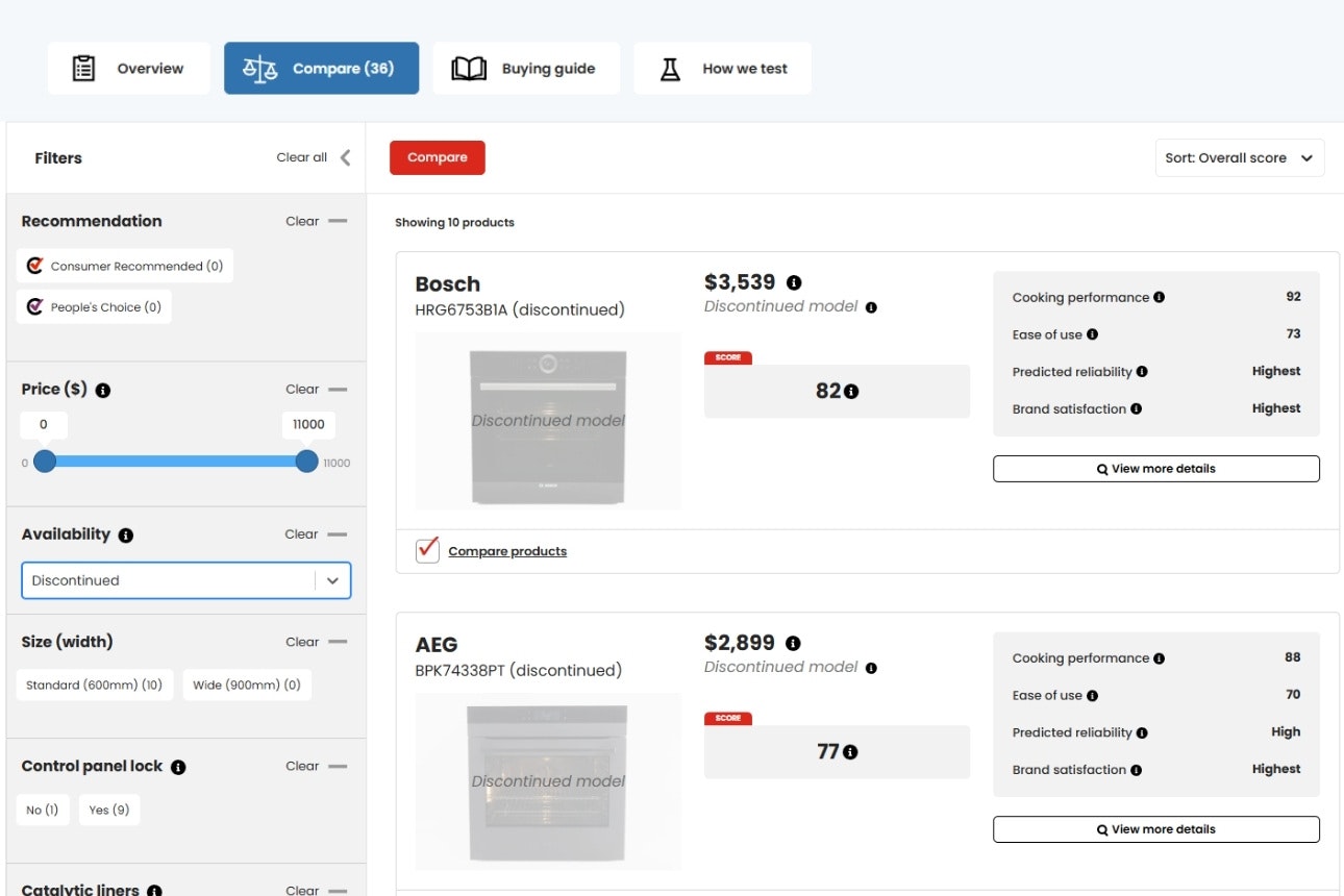 Discontinued models on the Consumer website