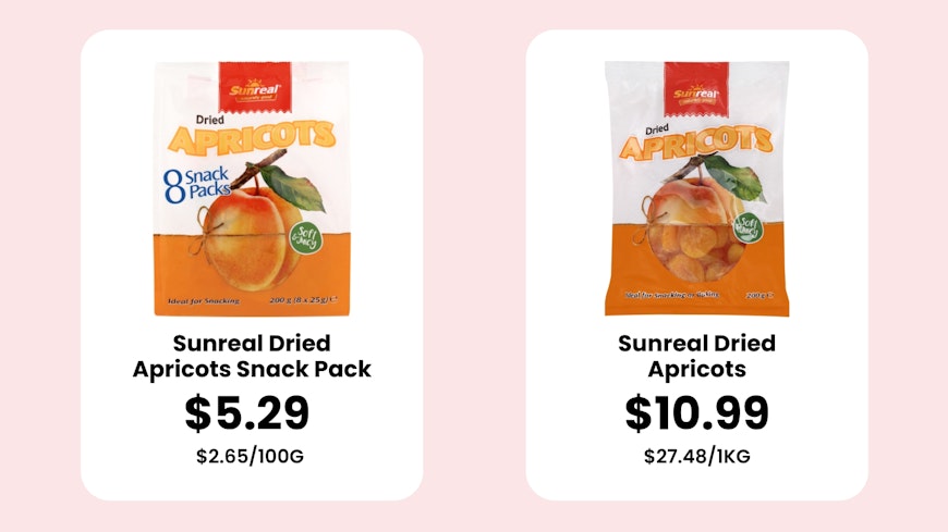 Sunreal dried apricots unit pricing comparison.
