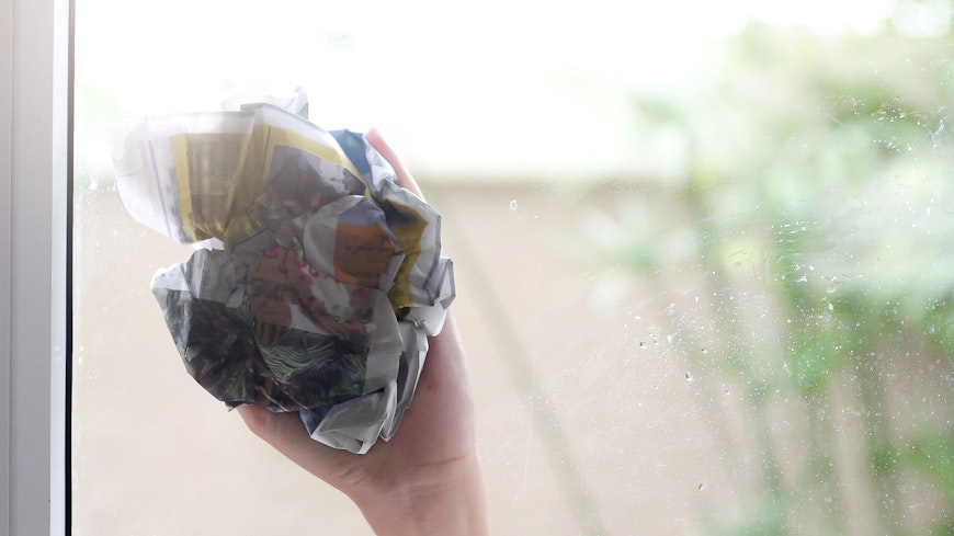 Cleaning window with newspaper.