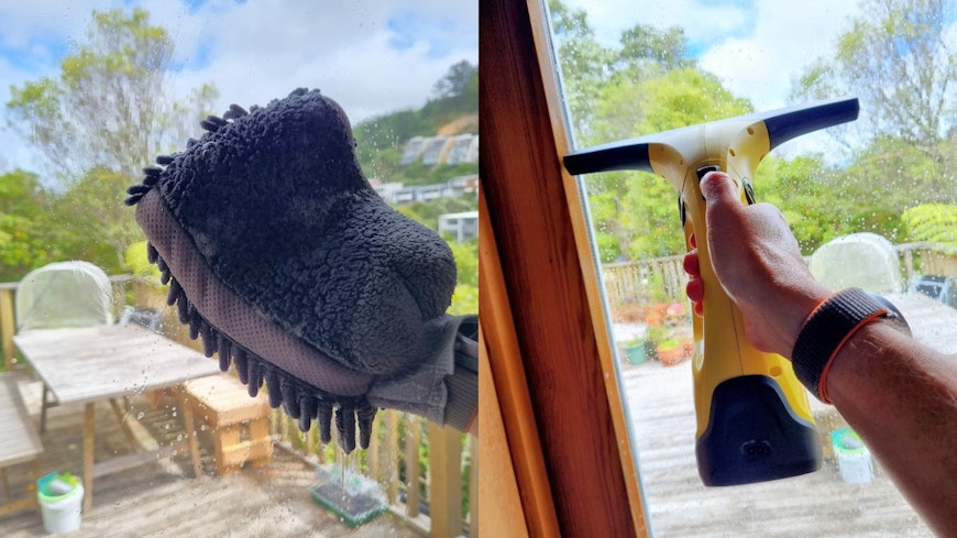 Microfibre towel and window cleaner.